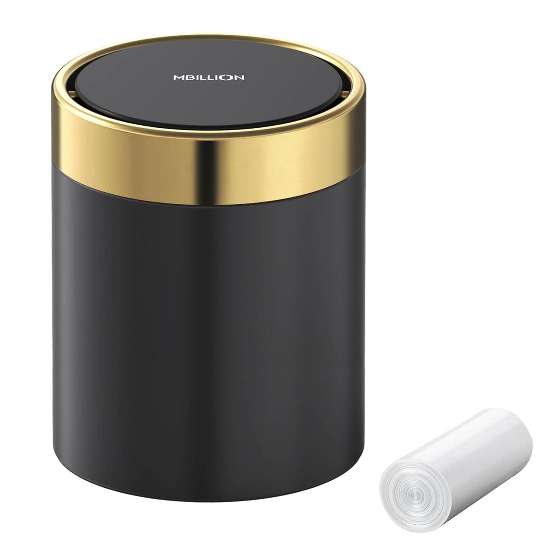 Mini Trash Can with Lid, Desktop Small Trash Can Recycling Bin Cute Metal Garbage Can for Tabletop Countertop Use,Stainless Steel 0.4Gal/1.5L Waste Bin for Office Parlor Car Bedroom,Swing Lid Open (Black)
