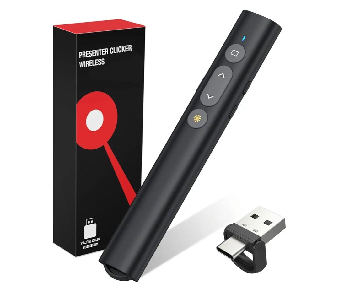 2 in 1 USB Type C Presentation Clicker with Laser Pointer, Wireless Presenter for PowerPoint Presentation PPT Clicker, 2.4GHz Presenter Remote Slide Advancer with Bright Red Laser Pointer