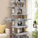 Globlazer Corner Cat Tree for Large Cats, 66inch Tall Curved Series Large Cat Tower for Multiple Indoor Cats with 6 Scratching Posts, 2 Spacious Cat Condos, Hammock, Hanging Basket, C66, Light Grey