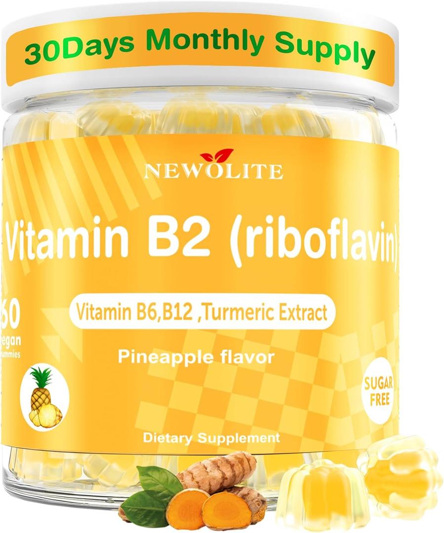 Vitamin B2 Gummies Riboflavin for Men Chewable B2 Vitamins for Adults with B Complex Turmeric Extract for Digestive Comfort,Nervous System Support, Vegan, Sugar-Free, Pineapple Flavor,60 Count