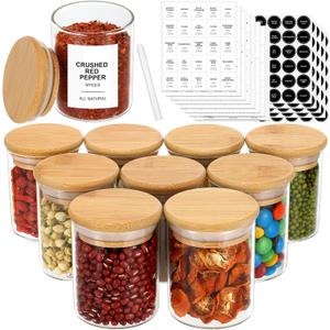 4OZ Glass Spice Jars with Bamboo Lids and 315 Labels, 10 Pcs Clear Food Storage Containers for Kitchen Sugar Salt Coffee Tea Beans