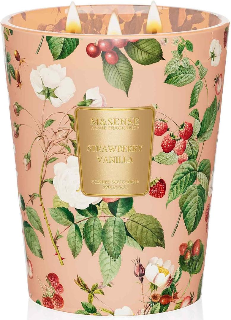 M&SENSE Extra Large Candle Strawberry Vanilla Scented, 3-Wick 35oz 150H Long Lasting, Natural Soy Wax Aromatherapy Candle for Stress Relief, Gifts for Home Decor