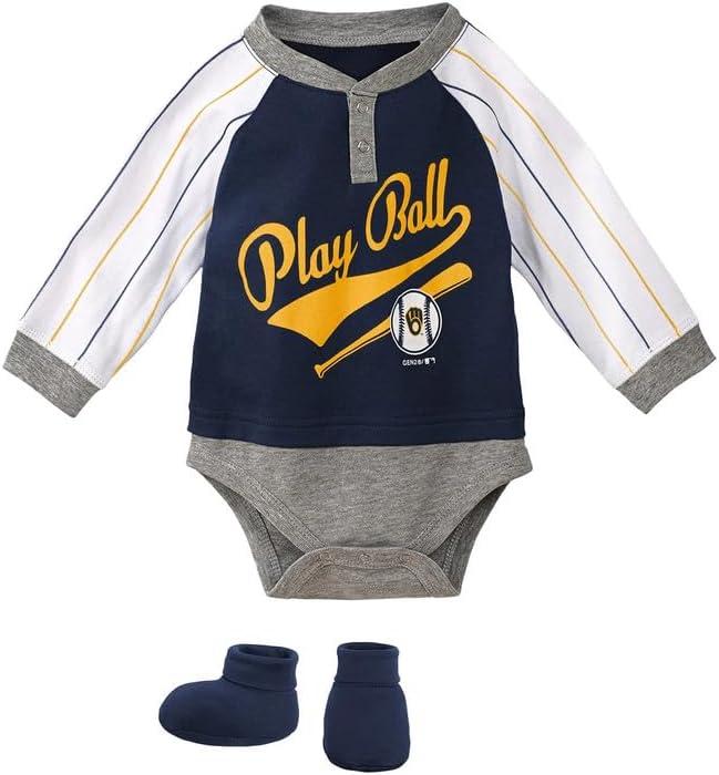 Outerstuff MLB Newborn Infants is It Game Time Yet 3 Piece Onseie Creeper Bodysuit Set (3-6 Months, Milwaukee Brewers)