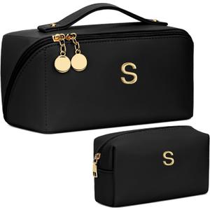 Birthday Gifts for Women Teen Girl, Personalized Initial Makeup Organizer Bag Set, Open Flat Travel Cosmetic Bag With Clear Divider and Handle(Black,S)