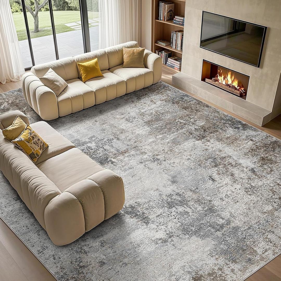 Tortania Washable 9x12 Area Rug for Living Room: Modern Abstract Neutral Large Soft Thin Rugs - Non Slip Indoor Carpet for Bedroom Dining Room Office Nursery Home Floor Decoration - Ash Taupe
