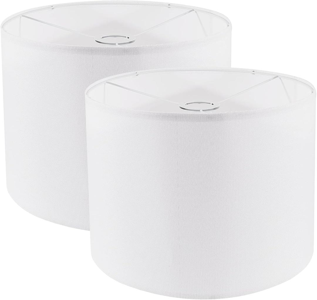 Lamp Shades Set of 2, Drum Lampshade for Table Lamps Floor Lamp, 12" Top X 12" Bottom X 8" High White Large Line Fabric Lamp Shades, Easy Assembly Replacement Lampshades