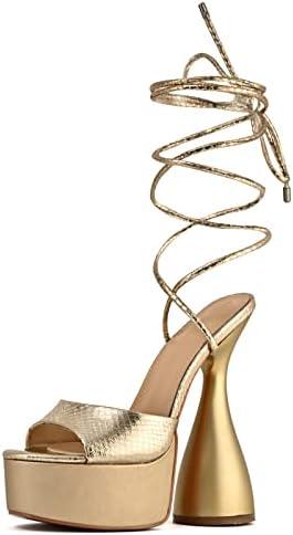 yowmns Women Sexy Platform Spike Heel Round Toe Lace Up heels Chunky Block Heel Heeled Dress Sandals, Size 9.5