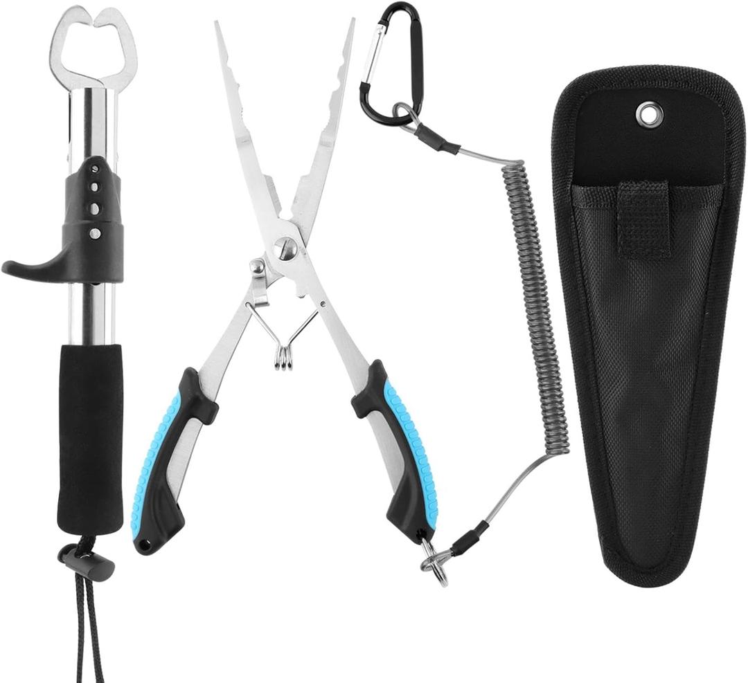 Fishing Gear Set,Long Nose Stainless Steel Fishing Pliers 8.5",Fishing Pliers and Gripper Set,Fish Lip Gripper,Telescopic Lanyard & Sheaths,Fishing Tool Flyfishing Gear Ice Fishing Gear
