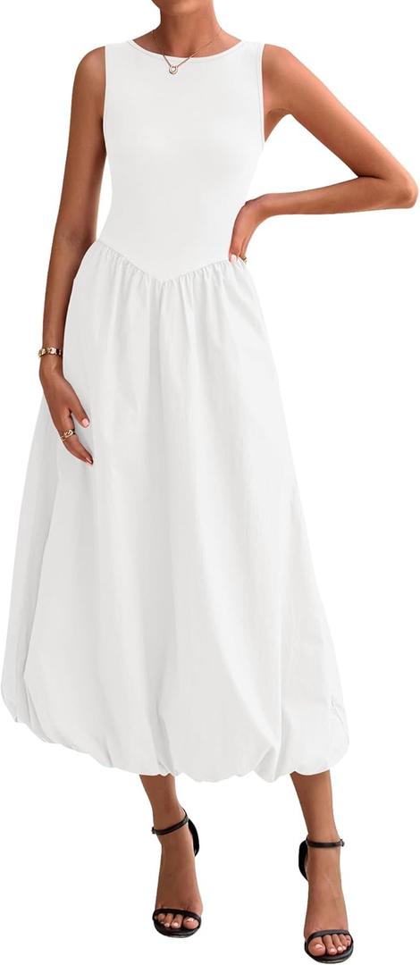 BTFBM Women's 2026 Summer Casual Sleeveless Midi Dress Patchwork Knit Tank Bubble Long Flowy Beach Maxi Sundress Pockets(White, X-Large)