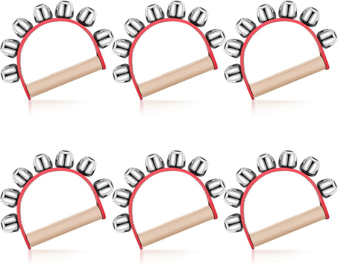 Yeshone 6 Pieces Christmas Sleigh Bells Instrument Jingle Bell Instrument Caroling Handheld Jingle Ring Sleigh Musical Wooden Handle for Christmas Valentines Crafts Decor