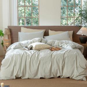 MooMee Striped Duvet Cover Set 100% Washed Cotton Linen Like Textured Breathable Durable Soft Comfy (Sage Green White Classic Stripes, King 104"x90")