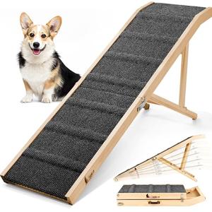 𝟐𝟎𝟐𝟓 𝐔𝐩𝐠𝐫𝐚𝐝𝐞𝐝 Dog Ramp for Bed, 64" Long Foldable Pet Ramp for Small Large Dogs, Dog Ramps for High Beds Car, High Traction with Platform 6 Adjustable Heights 24" to 30" Up to 220LBS Black. 64"×17"