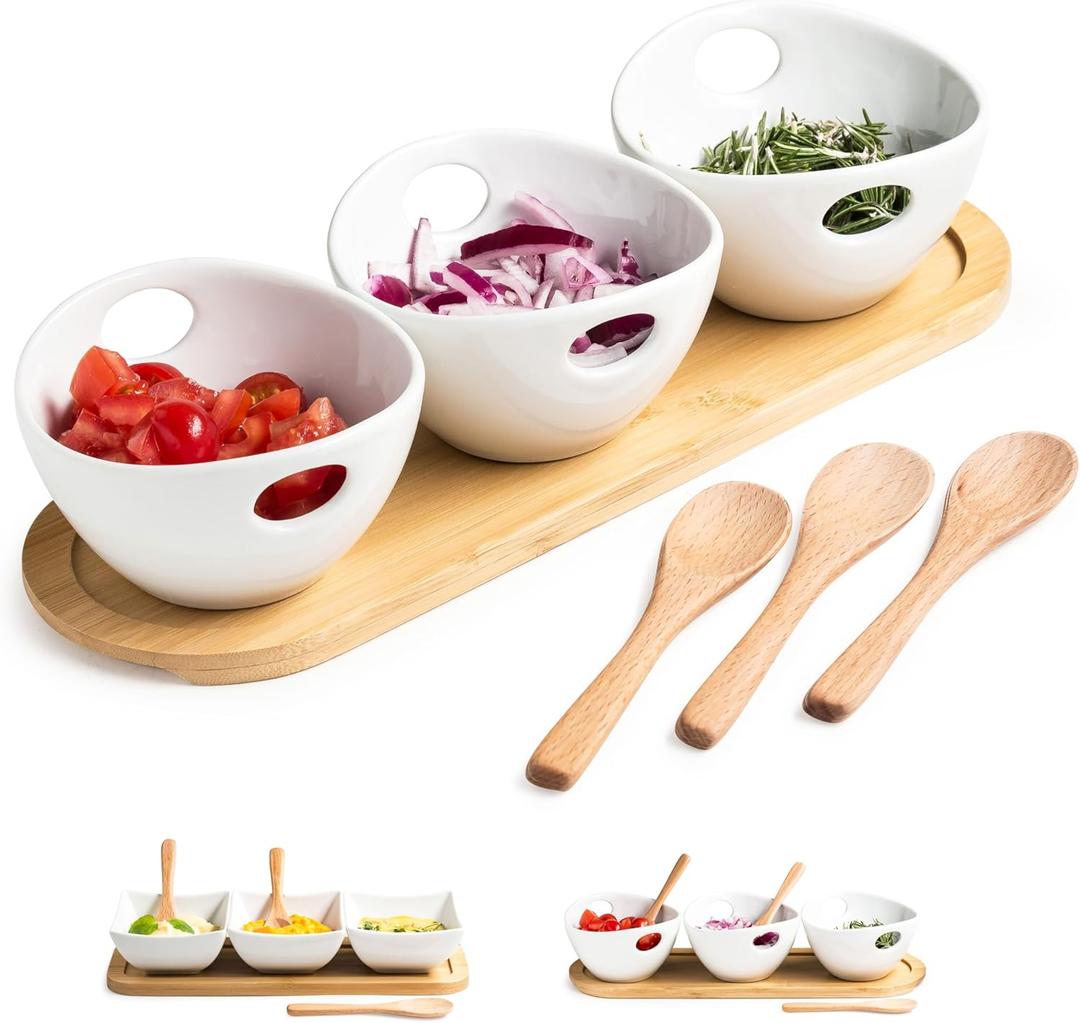 Chip and Dip Serving Set, Dipping Sauce Bowls Divided Serving Dishes with Wooden Spoons, Ceramic Dip Bowl Display Serving Tray for Party Dinner Entertaining