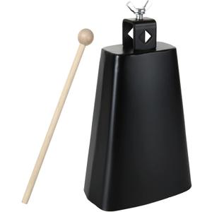 Acrux7 7 Inch Large Cow Bell Noise Makers, Metal Cowbell with Handle and Stick, Hand Percussion Music Cowbell for Sporting Events, Drum Set, Church, Weddings, Beautiful Clear Tapping Sound (Black)