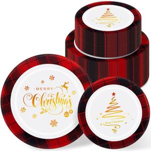 Vesici 50 Pcs Christmas Plastic Disposable Plates Buffalo Plaid Plates Set for Guests 25 x 7.5" Dessert 25 x 10.25" Snowflakes Xmas Tree Dinner Serving Tableware Dessert for Party Supplies (Black and Red)