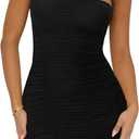 Women's Halter Sleeveless Ruched Mesh Club Night Out Bodycon Mini Dress (Medium, Black)
