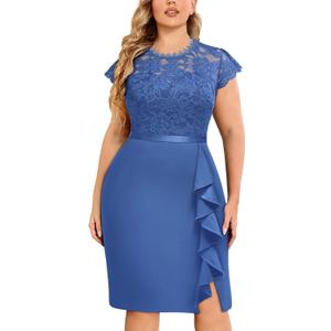 Miusol Women's Plus Size Floral Lace Contrast Ruffles Split Evening Cocktail Dress (XX-Large Plus, Blue)