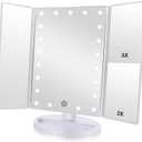 Tri-fold Lighted Vanity Makeup Mirror with 3x/2x Magnification,21 LEDs Light and Touch Screen,180 Degree Free Rotation Countertop Cosmetic Mirror,Travel (White)