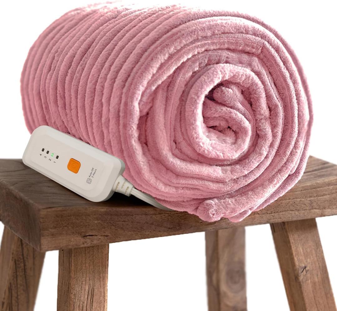 GOTCOZY Electric Blanket Heated Throw 50''X60''- Ribbed Faux Fur Heated Blanket with 4 Heating Level & 3 Hour Auto Off Heating Blanket, ETL&FCC Certified Machine Washable(Pink)