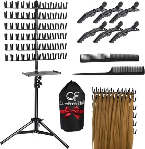 CF Braiding Hair Rack with Detachable Tray, Height Adjustable Braiding Rack 2-sided 144 Pegs Hair Extension Holder, Hair Stand with Storage Bag & Stylist Hair Braiding Accessories for Hair Salon