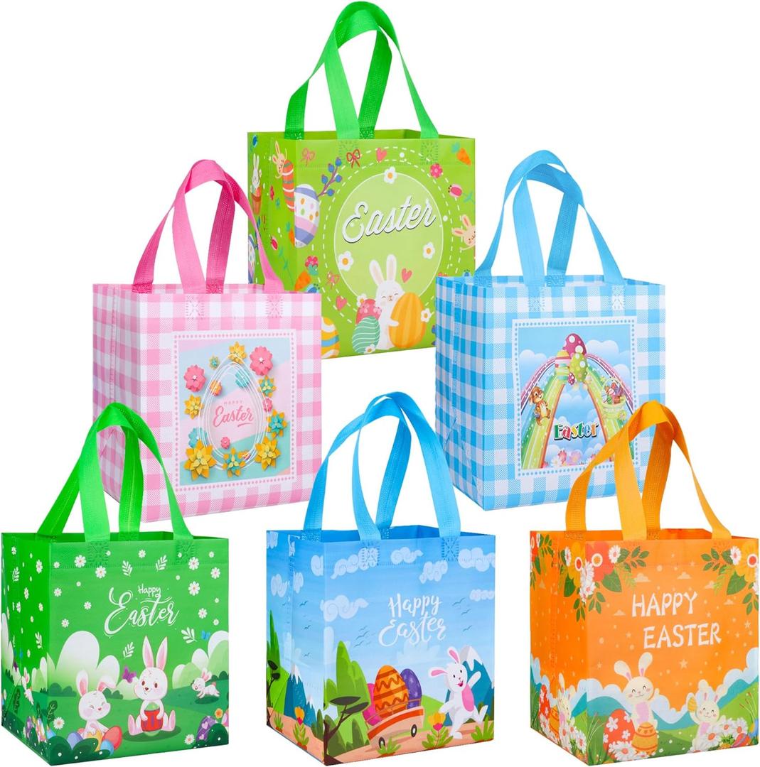 QOIUSO 6 Pack Easter Gift Bags with Handle  Reusable Non Woven Easter's Day Tote Treat Bags for Kids  Large Bunny Rabbit Happy Easter Bags for Egg Hunt, Treats, Gifts and Classroom Party Favors