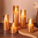 Gold Glass Flameless Candles with Remote Batteries, Flickering Slim LED Pillar Candles Home Table Decor Set of 5