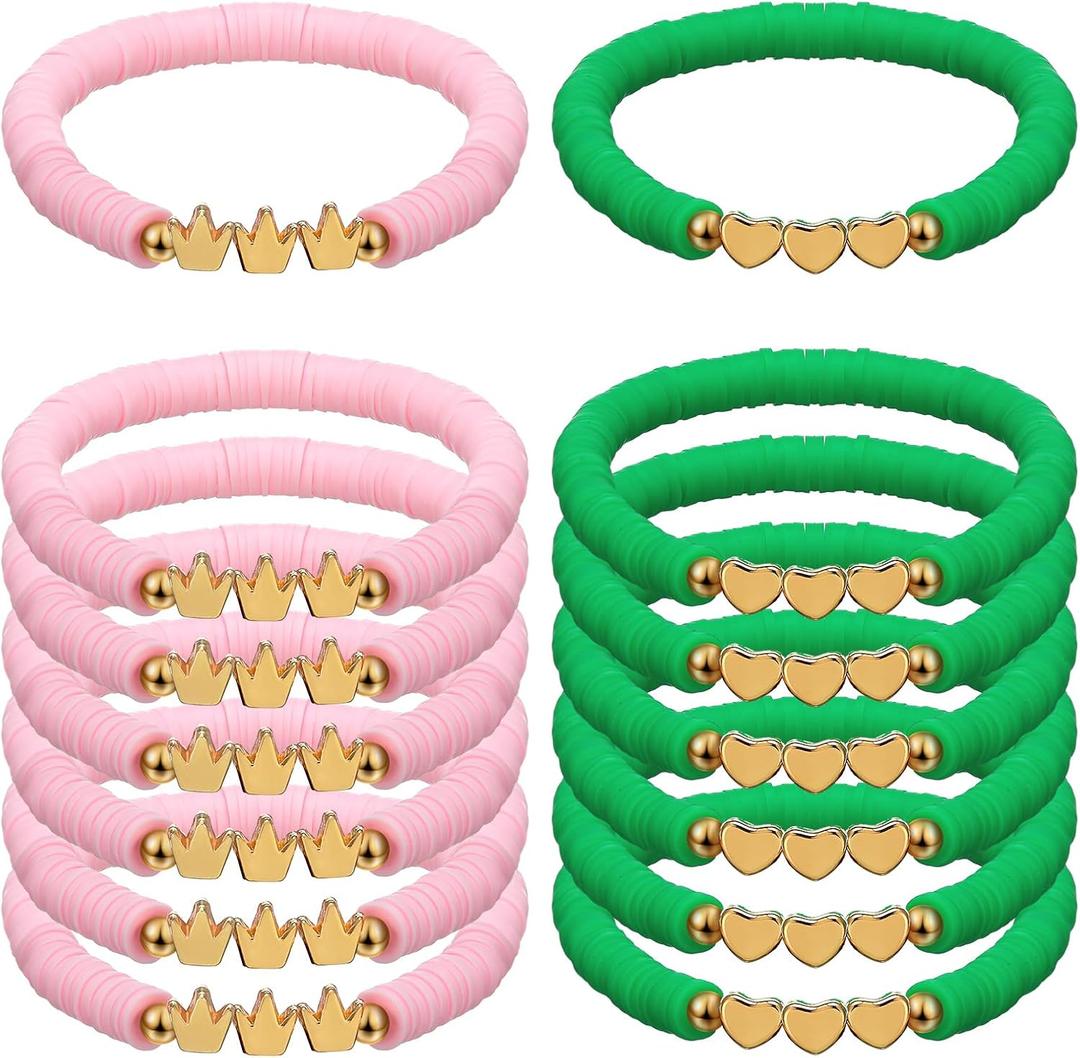 24 Pcs Pink Green Witch Party Favors Gifts Bracelets Polymer Clay Beaded Friendship Bracelets for Witch Party Gifts