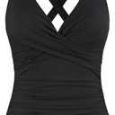 Hilor Women's Underwire Tankini Top Tummy Control Bathing Suits Sexy V Neck Crossover Swim Top Only (Black, XL)