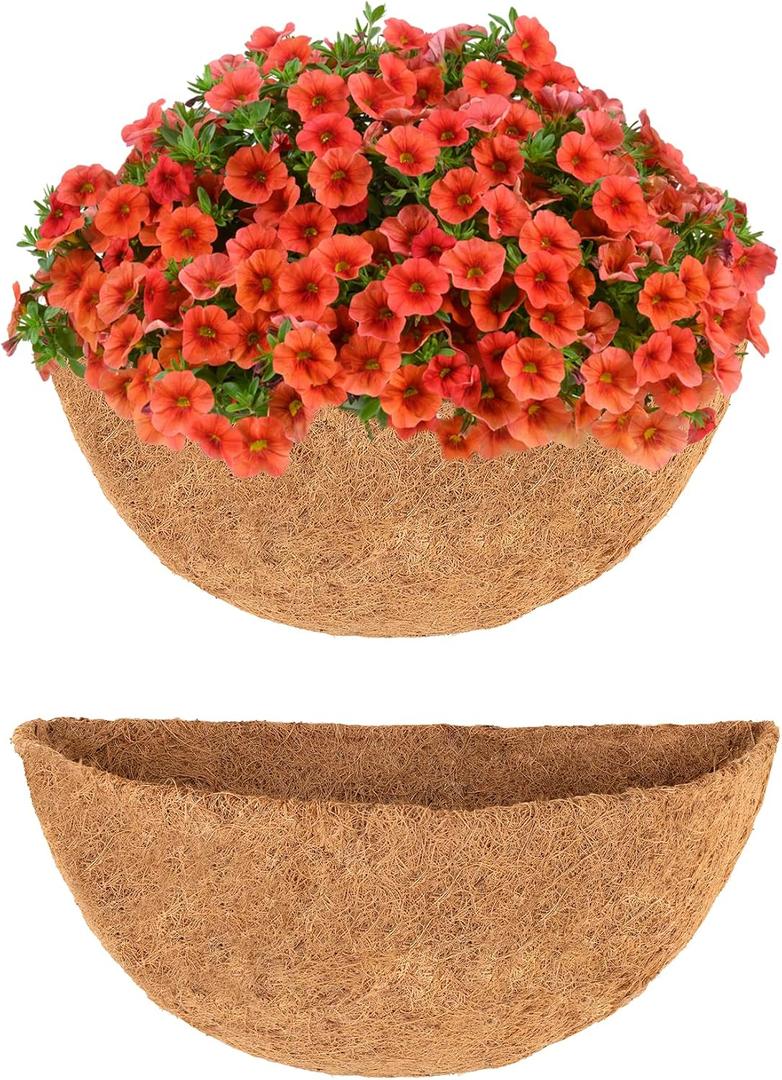Y&M 14 Inch Pre-Formed Half Round Coco Fiber Liners 2PCS Natural Coconut Liners for Hanging Baskets, Planter Boxes, Wall Mounted, Easy Fit, Water Retention for Balcony, Patio & Garden