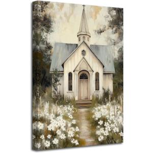 YMXDYMJSW Christian Church Wall Art Country Church Canvas Prints Christian Religious Faith Picture Rustic Farmhouse Poster for Bedroom Living Room Bedroom Decor (Brown, (24L x 16W))