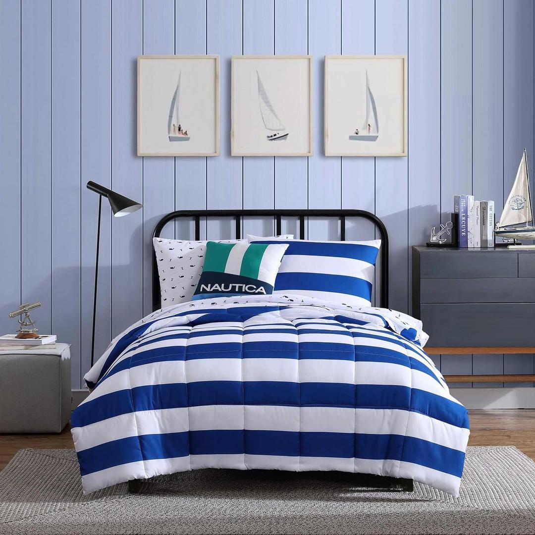 My Home Theory Nautica Kids- Twin Comforter Set, Soft Toddler Bedding with Matching Shams & Throw Pillow, Ideal Boy Room Essentials (Huck Stripe Blue, Twin)