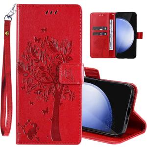 for Samsung Galaxy S25 Case Wallet for Women Man,PU Leather Tree Cat Flowers Embossed Wrist Strap Card Slots Pocket Kickstand Flip Protective Phone Case Cover for Samsung Galaxy S25 Red