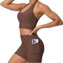 Workout Sets for Women 2 Piece Backless Halter Tops High Waist Booty Yoga Gym Outfits Shorts with Pockets (Coffee Brown, Medium) (Brown, M)
