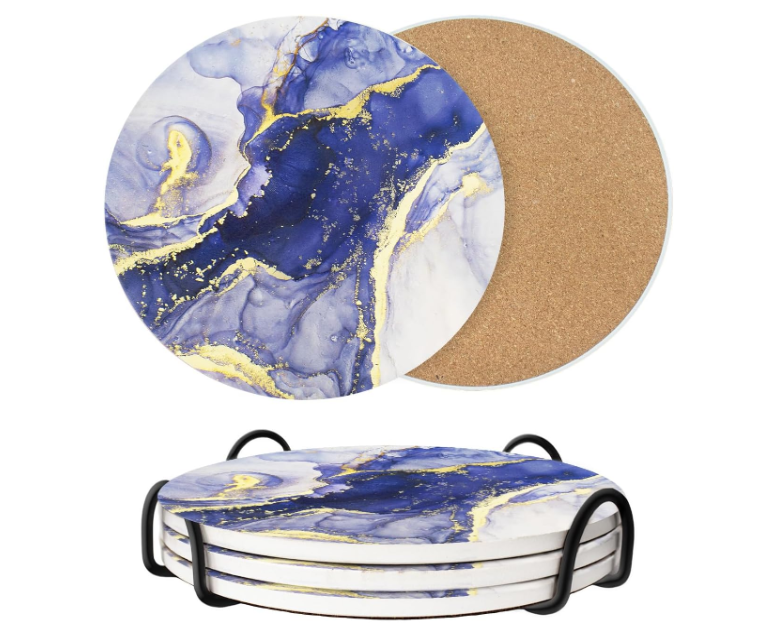 8 Inch Trivets for Hot Dishes, Pots and Pans, Marble Style Ceramic Trivet with Holder, Heat Resistant Hot Plate Mats for Countertops, Table, Home Essentials, Farmhouse Decor, Set of 3