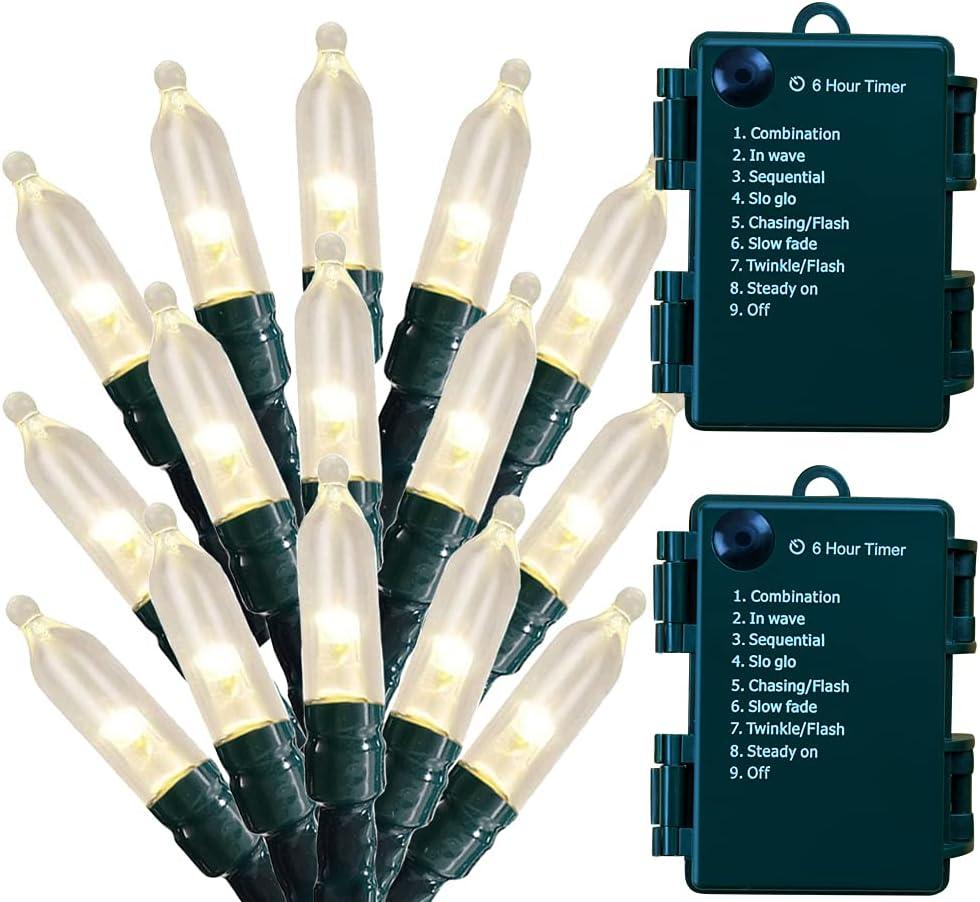 Christmas Lights - Battery Operated 50 LED Mini String Lights With 8 Modes and Timer for Xmas Tree, Wreath, Party, Indoor Outdoor Decor - Waterproof, Warm White (2 Pack)