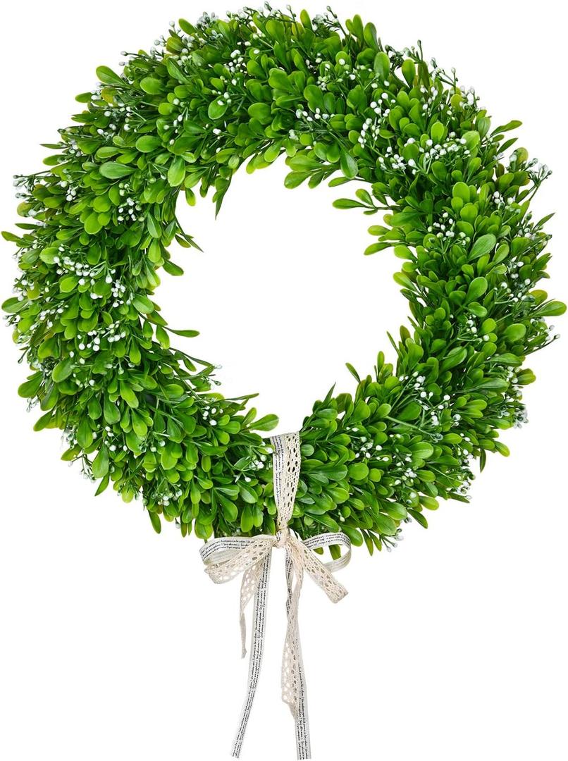 Lvydec Artificial Boxwood Wreath Decoration - 15" Spring Wreath with White Seeds and Silk Ribbon for Front Door Wall Window Decoration
