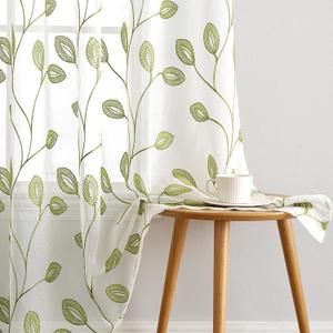 EMEMA Green Sheer Curtains 84 Inches Long, Embroidered Vine and Leaf Curtains for Living Room Bedroom, Rod Pocket Voile Light Filtering Window Drapes, 2 Panels