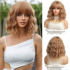 Esmee Short Wave Strawberry Blonde Bob Wigs for Women Shoulder Length Synthetic Wig with Fringe for Daily Party Cosplay Use