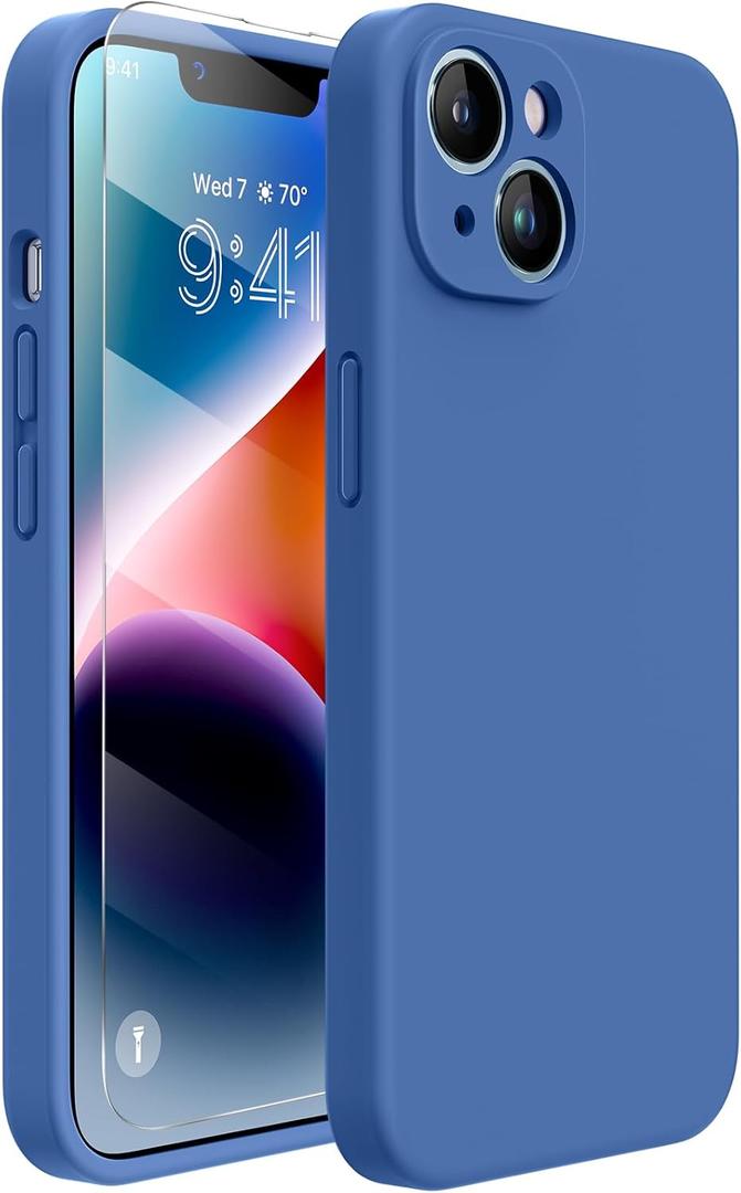 Miracase Designed for iPhone 14 Case with Screen Protector,[Upgraded Enhanced Camera Protection],Shockproof Liquid Silicone Case with Microfiber Lining, 6.1 inch,Azure Blue