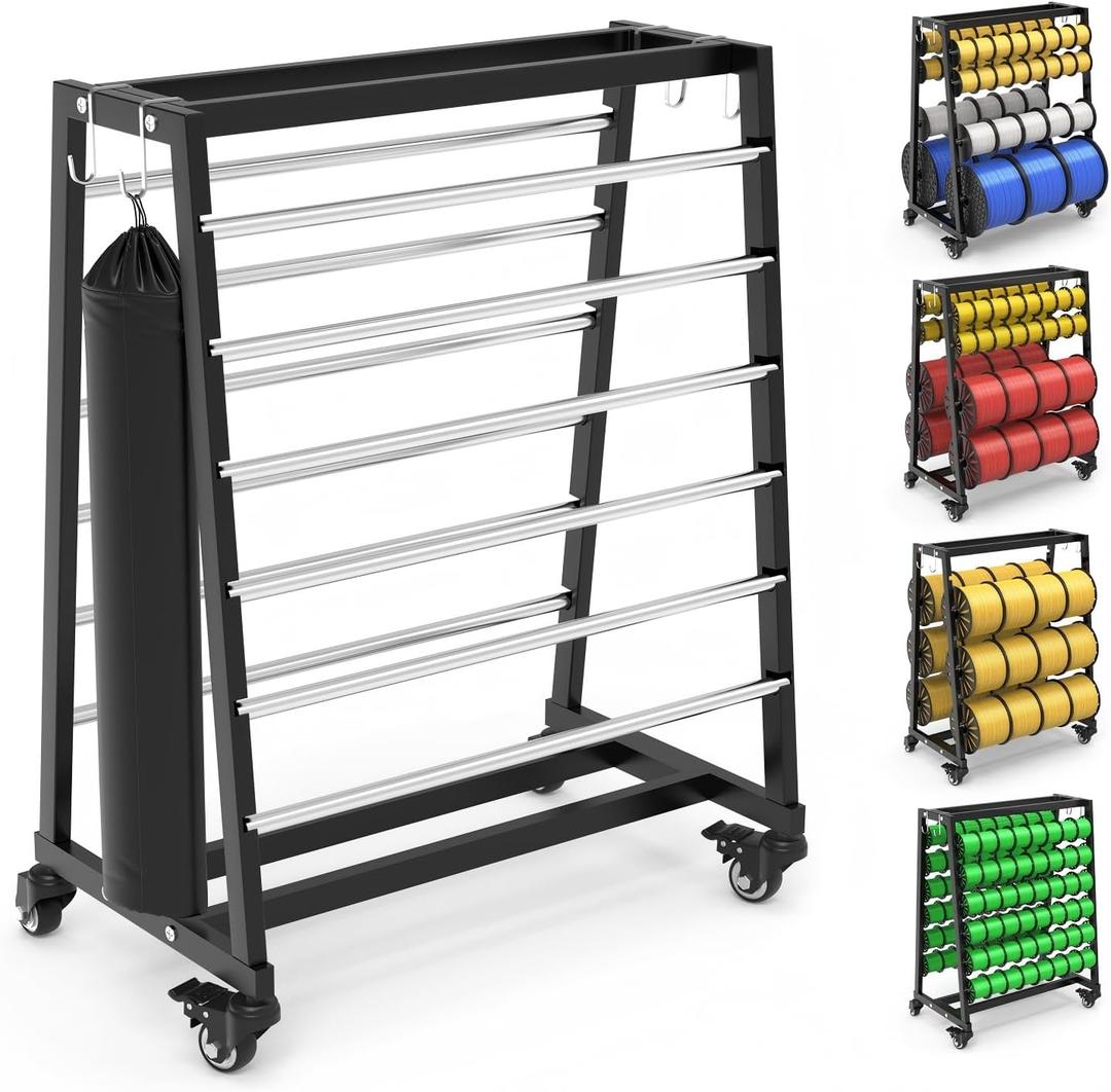 Heavy-Duty 12-Rod Wire Spool Rack, Adjustable Cable Caddy & Dispenser with Locking Casters, Includes Steel Pipe Storage Bag & 8 Hooks for Electrical and Industrial Use