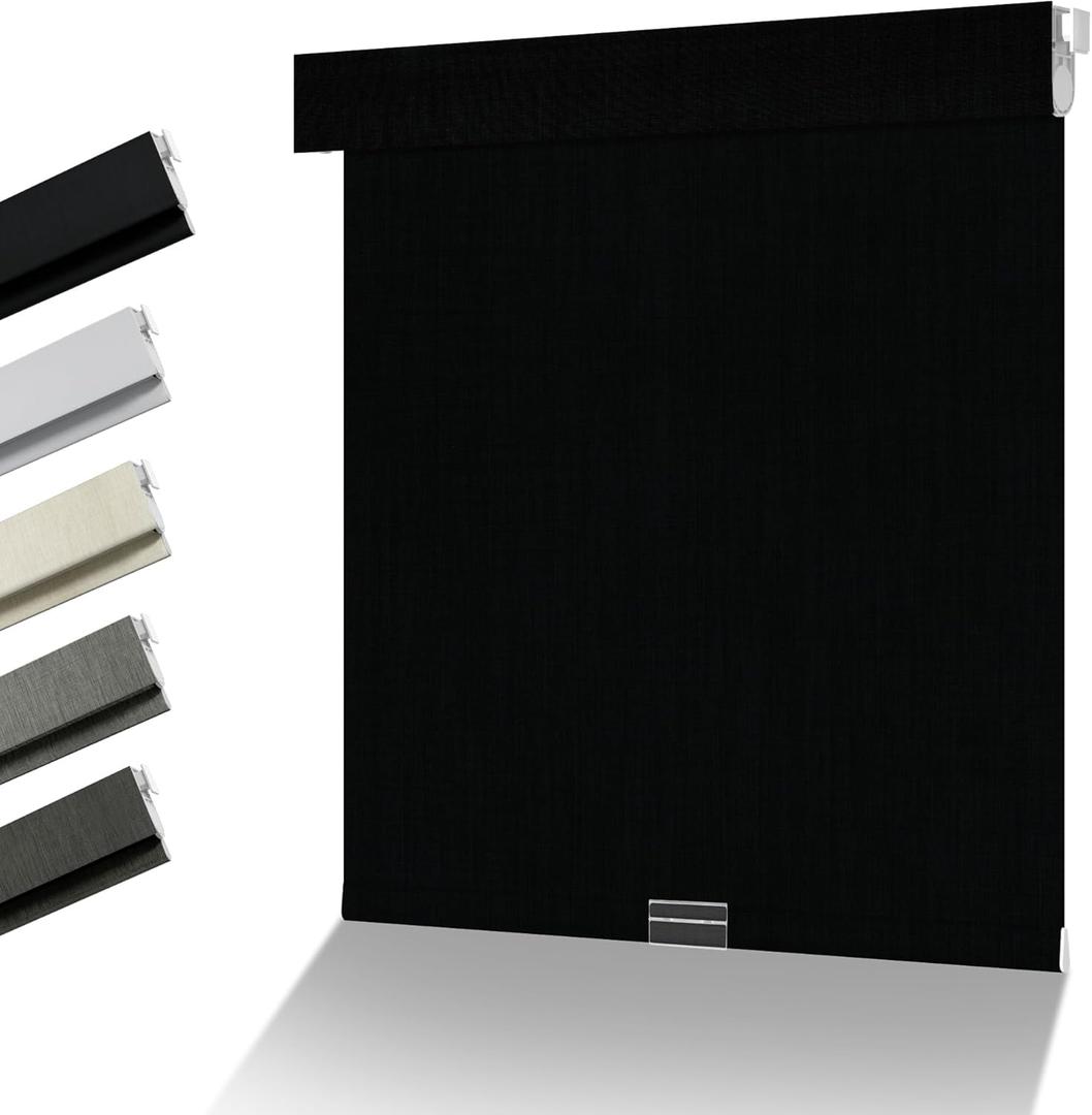 No Drill No Tools Blackout Roller Shades for Windows, Cordless Roller Blinds with Linen Fabric-Matched, Easy to Install Custom Shades for Home Office Door, Black, 20" W x 72" H