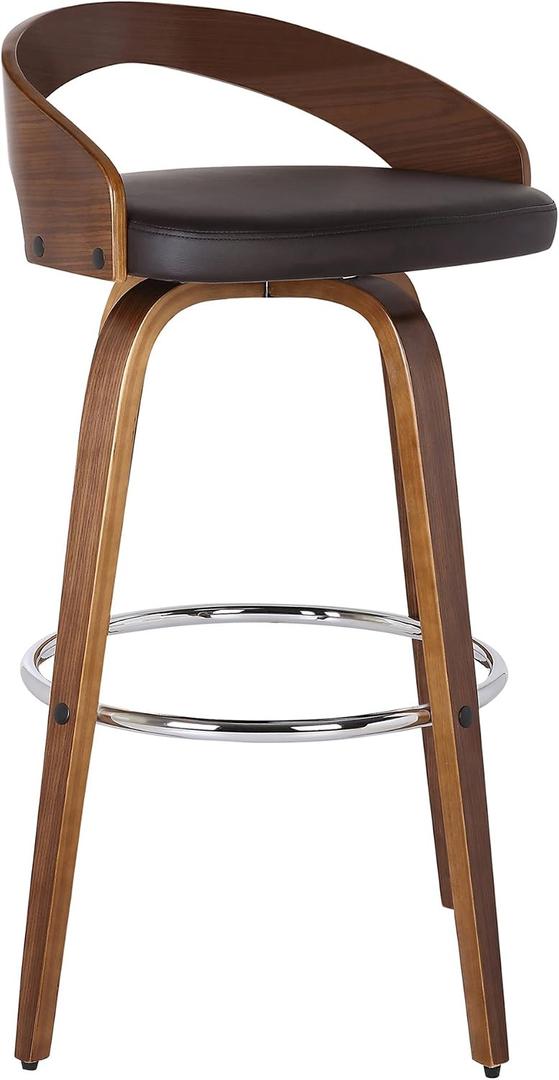 Armen Living Sonia 30" Bar Height Swivel Brown Faux Leather and Walnut Wood Bar Stool - Set of 2, 30" Seat Height