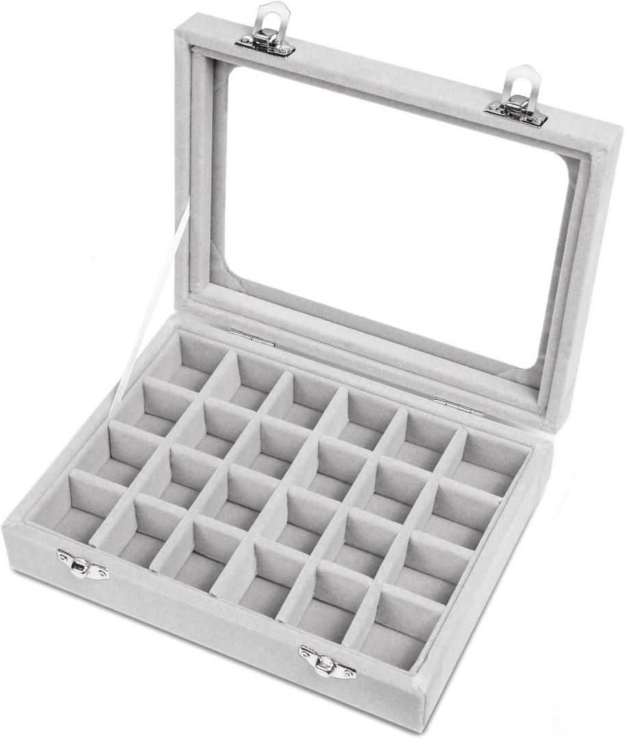 Jewelry Box 24 Grid Velvet Earrings Holder Tray Detachable Earring Case Jewelry Showcase for Drawers Glass Clear Lid Organizer Jewelry Display Storage Ring Trays (Gray)