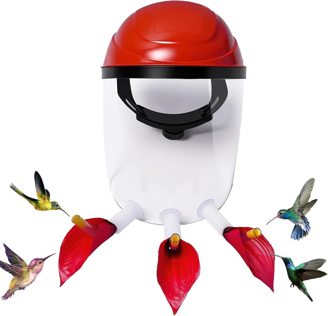 2025 Upgraded Hummingbird Feeder Helmet | Wearable Hummingbird Mask Feeder with Anti-Fog Lens & Bionic Flower | Adjustable for Adults & Teens Lightweight PVC Red