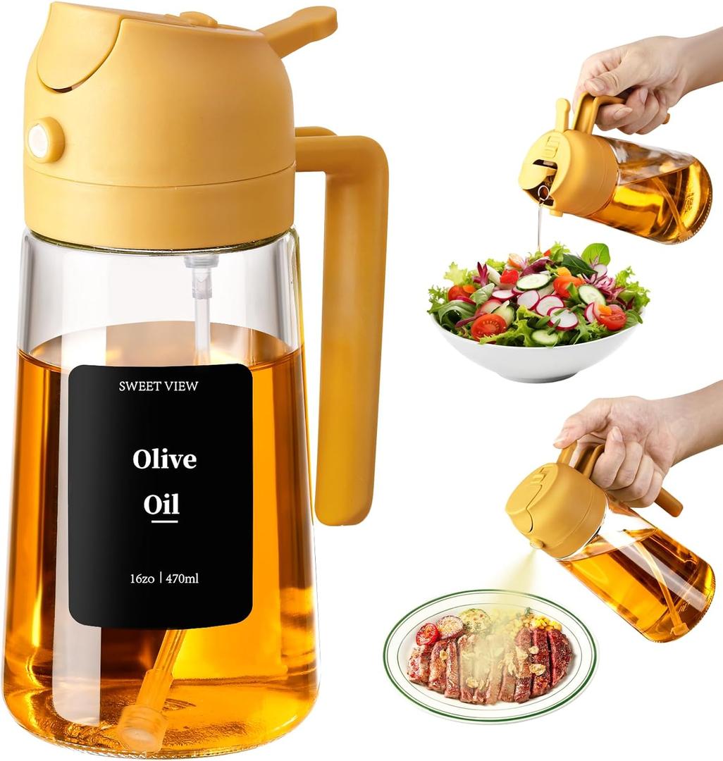 Oil Sprayer for Cooking, 16oz/470ml 2 In 1 Glass Olive Oil Sprayr & pourer for Kitchen, Air Fryer, Cooking, Salad, BBQ (Yellow)