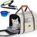 Morpilot Pet Travel Carrier Bag, Soft-Sided Dog Carrier Cat Carrier Pet Carrier, for Large Cats and Medium Puppies up to 25lbs, with Locking Safety Zippers, Foldable Bowl (Beige)
