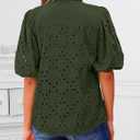 BETTE BOUTIK Women's Long Short Sleeve Tops 2025 Dressy Casual Button Hollow Out Lace Embroidered Blouses Shirts (Green, XXL)