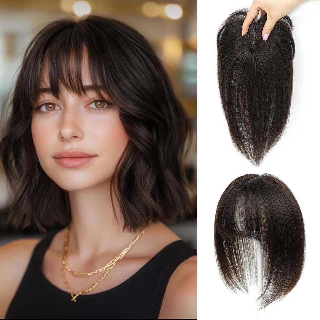 Hair Toppers for Women Real Human Hair Toppers with Thinning Hairpieces for Women with Bangs 10 Inch Human Hair Topper for Cover Gray Roots (2#) (Dark Brown)