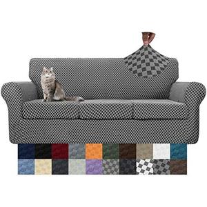 YEMYHOM Latest Checkered 4 Pieces Couch Covers for 3 Cushion Couch High Stretch Thickened Sofa Cover for Dogs Pets Living Room Anti Slip Elastic Slipcovers (Dark Gray Checkered), 71"-91"(3 Cushions)