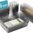 Vtopmart 25 PCS Office Desk Drawer Organizers Set, 4-Size Versatile Plastic Drawer Organizer Trays, Storage Bins for Desk Accessories Office Organizers and Storage, Bathroom, Makeup, Vanity (Clear Black)